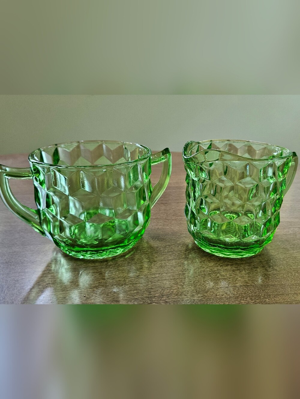 Jeannette Glass Green Cubist Depression Glass: Creamer and Open Sugar Set